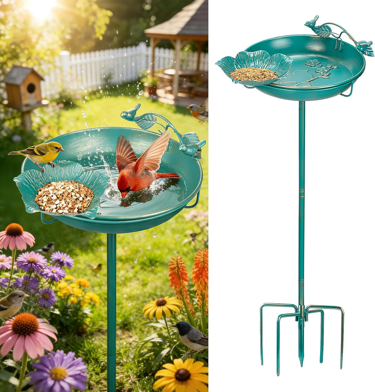Mellbree freestanding metal bird bath, lake blue and gold, 12 inch basin