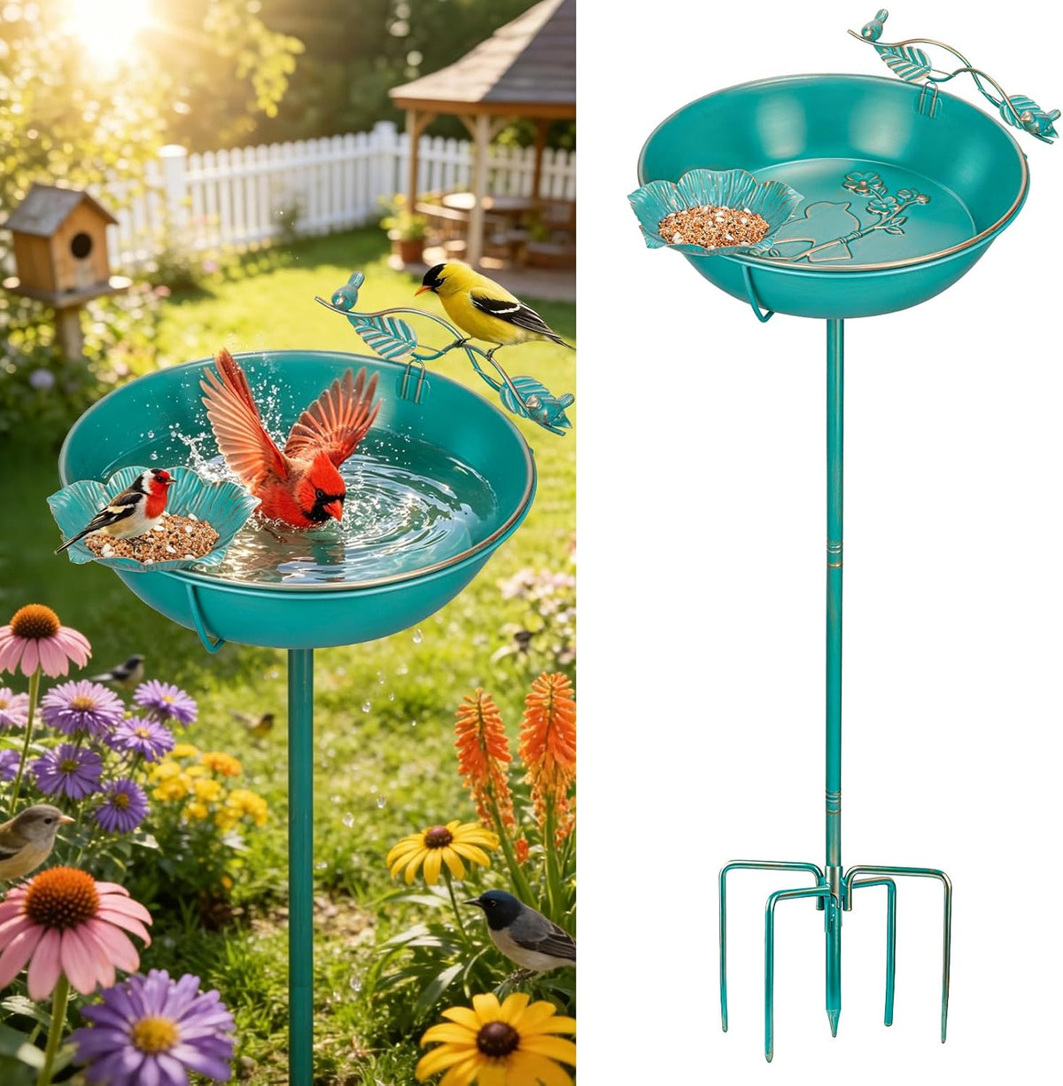 Mellbree freestanding metal bird bath, lake blue and gold, 13 inch basin